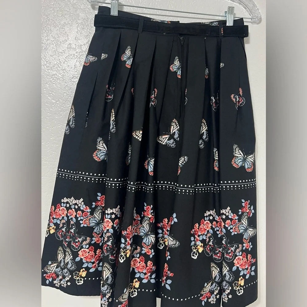 Hell Bunny Retro Butterfly Floral Pleated Midi Skirt Black Cotton Vintage Pinup